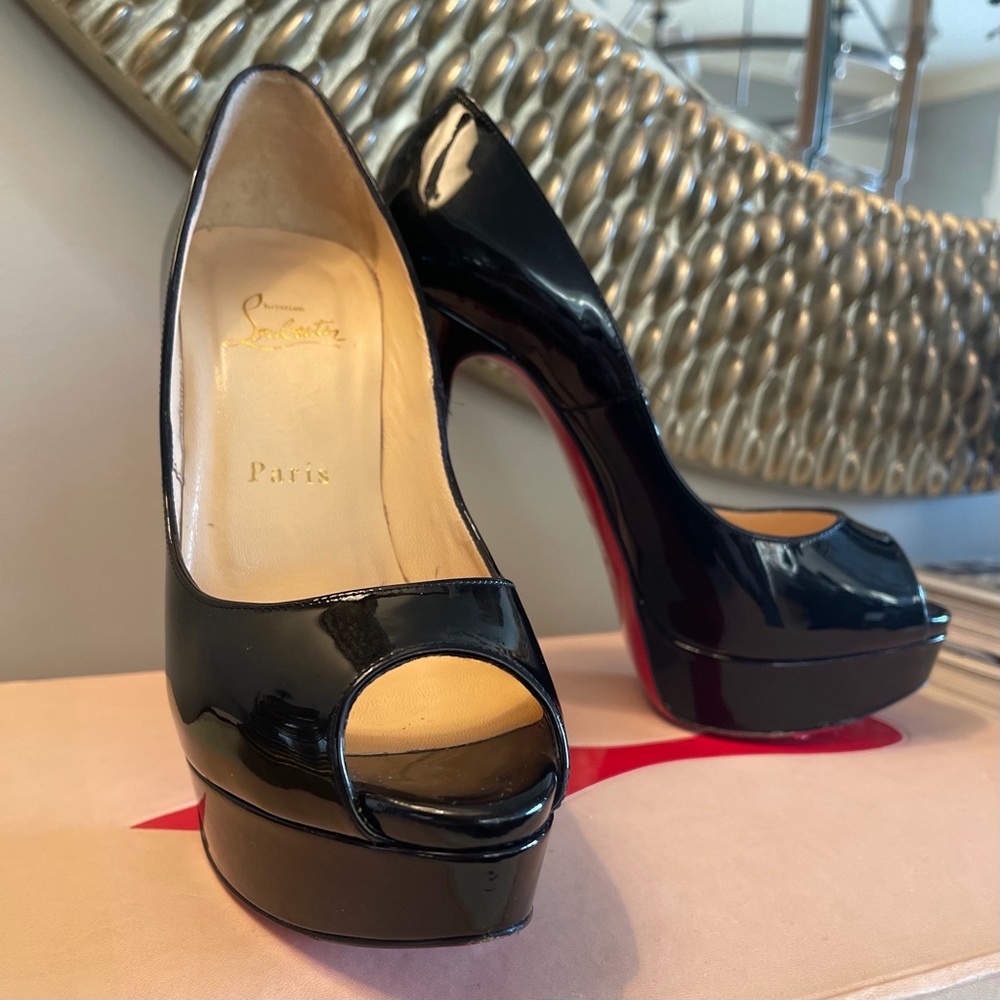 Christian Louboutin Patent Black Leather Peep Toe  5.5” Heels.